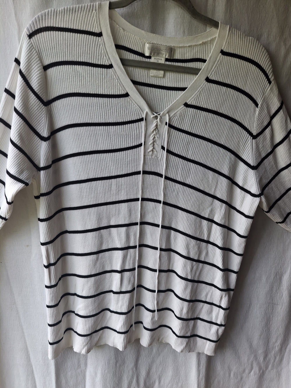 Worthington White Knit Tee with Black Stripes and Lace-Up V-Neck